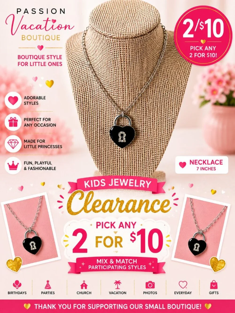 2/$10 Girls Heart Lock Necklace | Black Rhinestone Keyhole Pendant